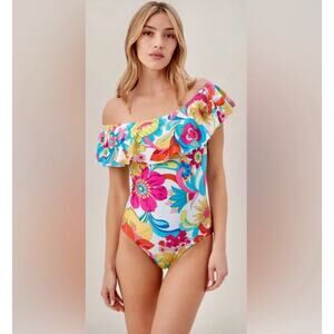 Trina Turk Fontaine Off The Shoulder Ruffle One Piece Swimsuit Sz 10 READ